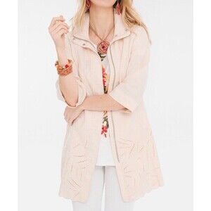 Chico's Eyelet 100% Linen Jacket Size 1 8 M Peach Pink Topper 3/4 Slv Zip $149